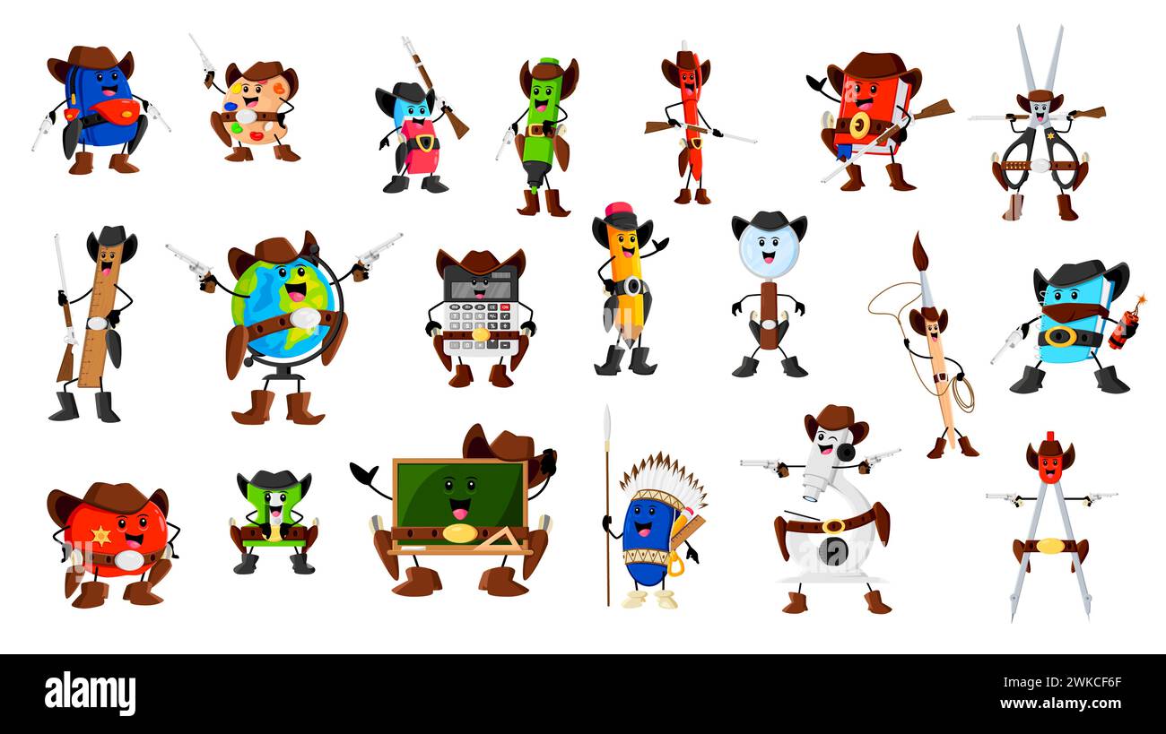 Cartoon school supply cowboy, ranger, sheriff and robber characters ...