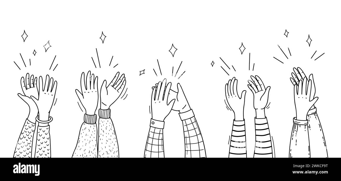 Doodle applause hands of people clapping or cheer up applauding audience, line vector. Congratulation, support and bravo greeting applause hands of applauding people in outline doodle silhouettes Stock Vector