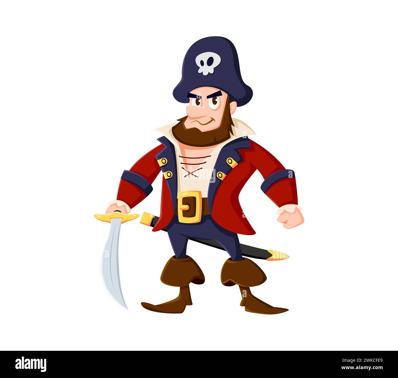 Cartoon sea pirate sailor and corsair captain character. Isolated vector swashbuckling personage with rugged beard, and cunning grin, holding saber, ready for high-seas adventures and treasure hunts Stock Vector