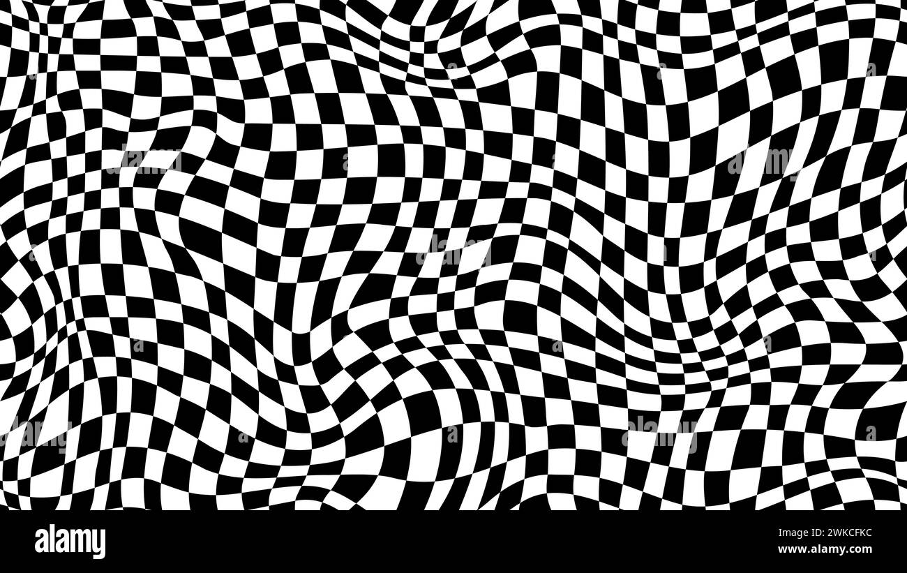 Trippy checkerboard background, wavy checker pattern, optical illusion. Vector seamless black and white swirl. Abstract distorted psychedelic texture, geometric ornament, monochrome chessboard print Stock Vector