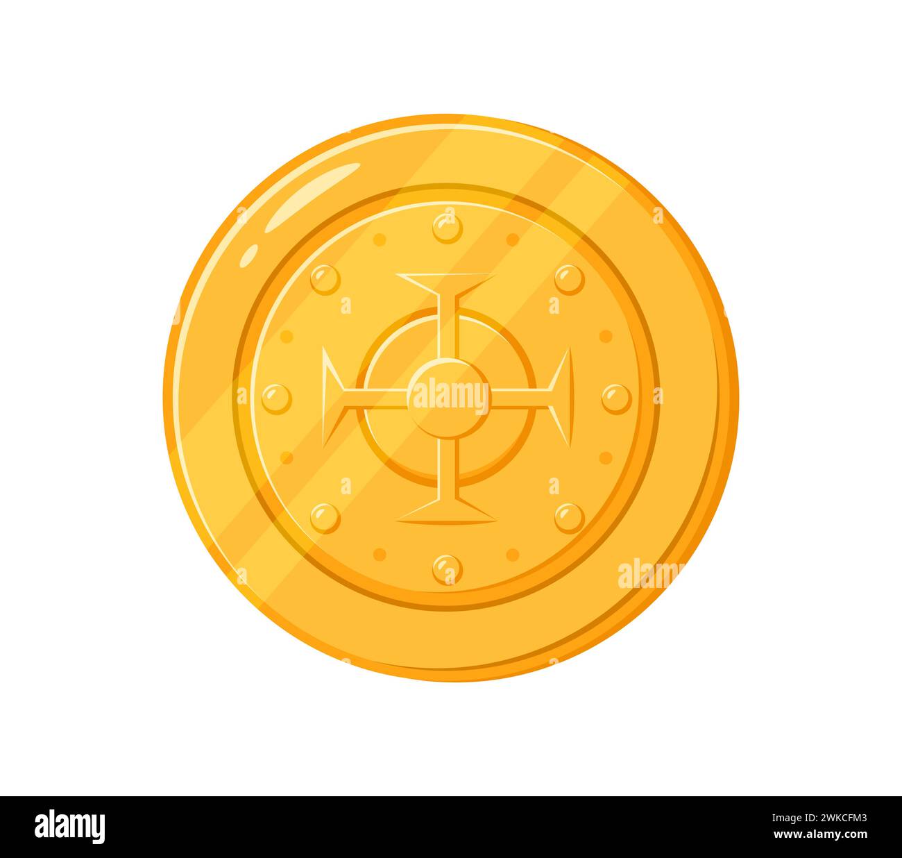 Cartoon golden coin. Isolated vector ancient pirate doubloon. Shiny yellow ducat with intricate engravings. Fantasy treasure, fairy tale item, game asset, small, round piece of metal, made from gold Stock Vector