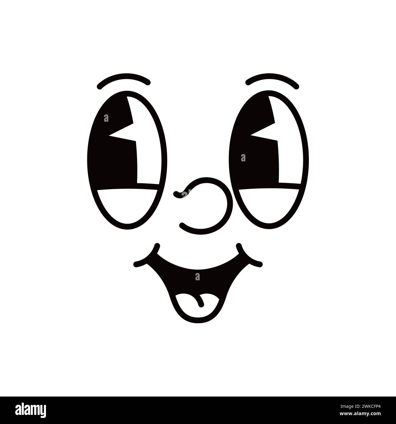 Cartoon face, comic groovie emotion character with big eyes and mouth, vector emoticon. Funny groovy face emoji with happy smiling mouth or pleased and silly expression in retro cartoon animation Stock Vector