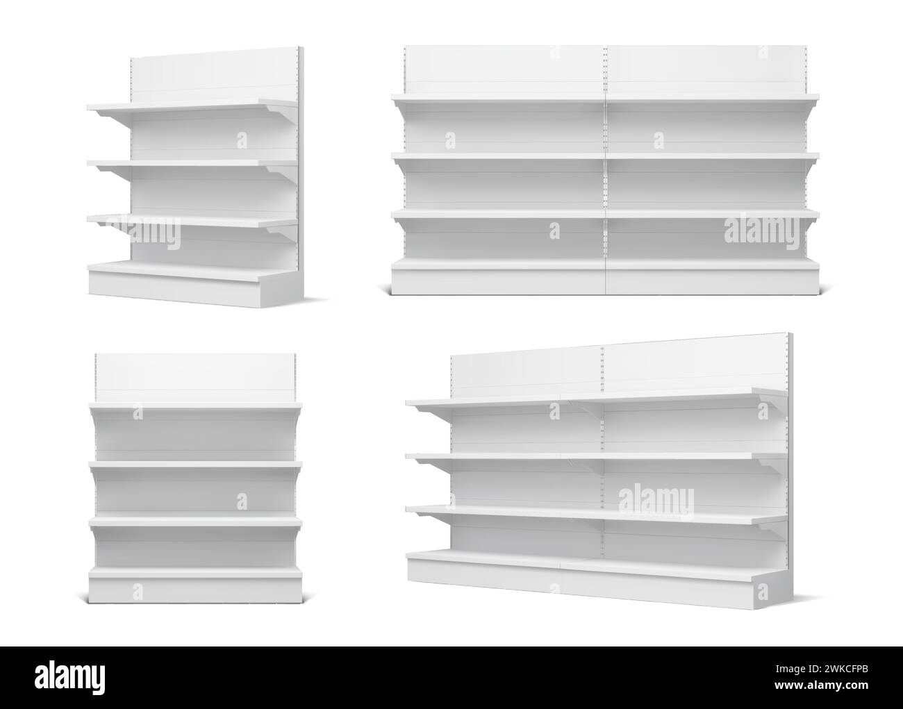 White retail shop product supermarket shelf and rack. Empty store showcase display stand vector 3d mockups of retail market, exhibition and warehouse equipment. Front view of metal cases with shelves Stock Vector