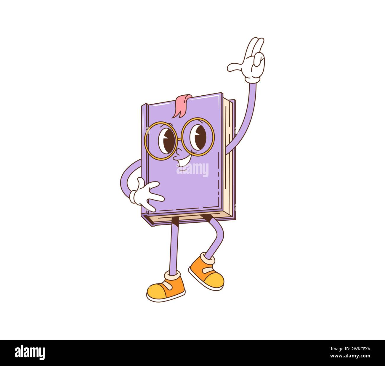 Cartoon retro book groovy character. Isolated vector textbook personage in 60s or 70s funky party style, donning glasses, cheerfully dancing and flashing wide welcoming smile. Back to school education Stock Vector