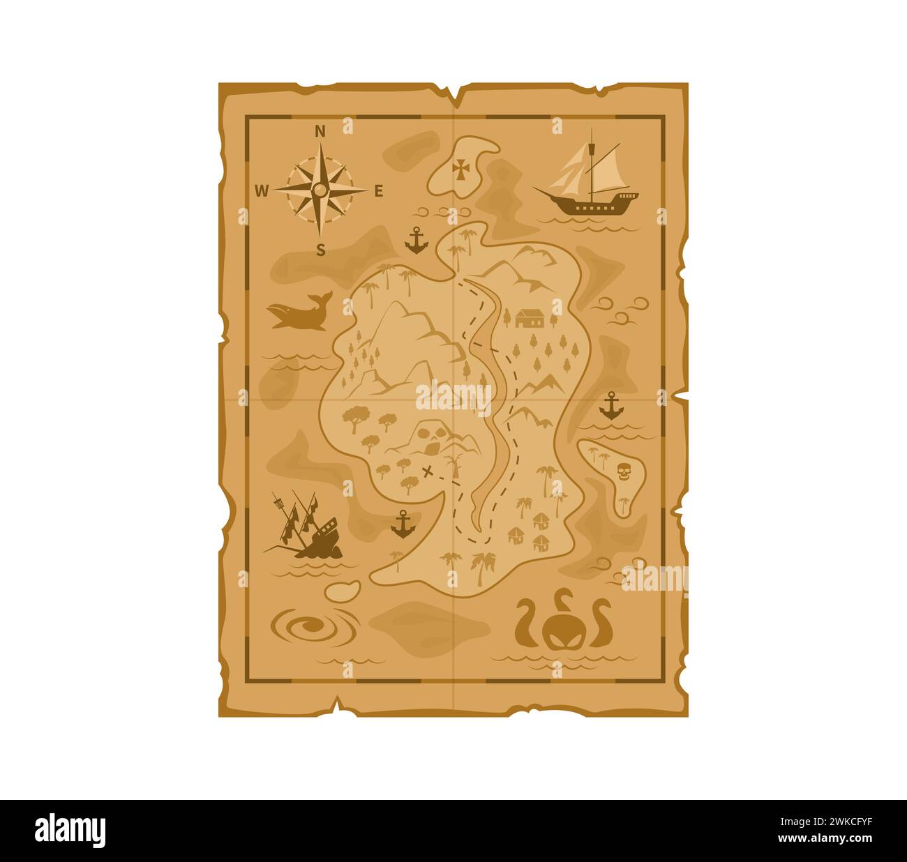 Cartoon pirate treasures map. Vector worn fantasy vintage parchment