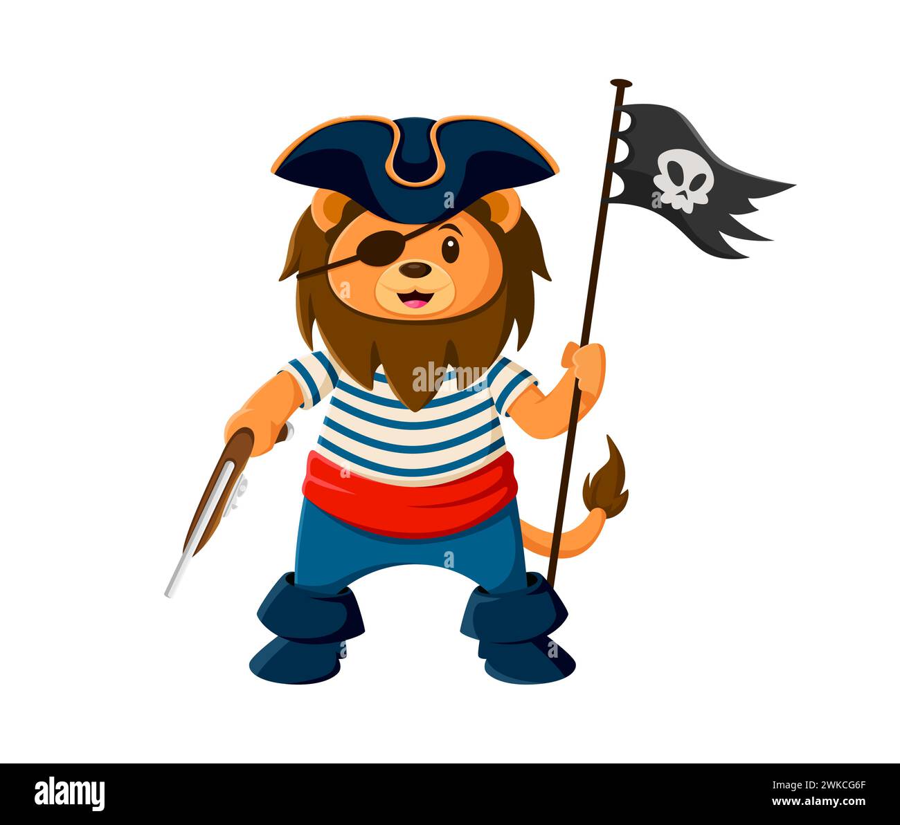 Cartoon lion pirate animal character. Isolated vector cute, playful kids personage holding black flag with a skull, and gun, blending ferocity with whimsy in a swashbuckling adventure on the high seas Stock Vector