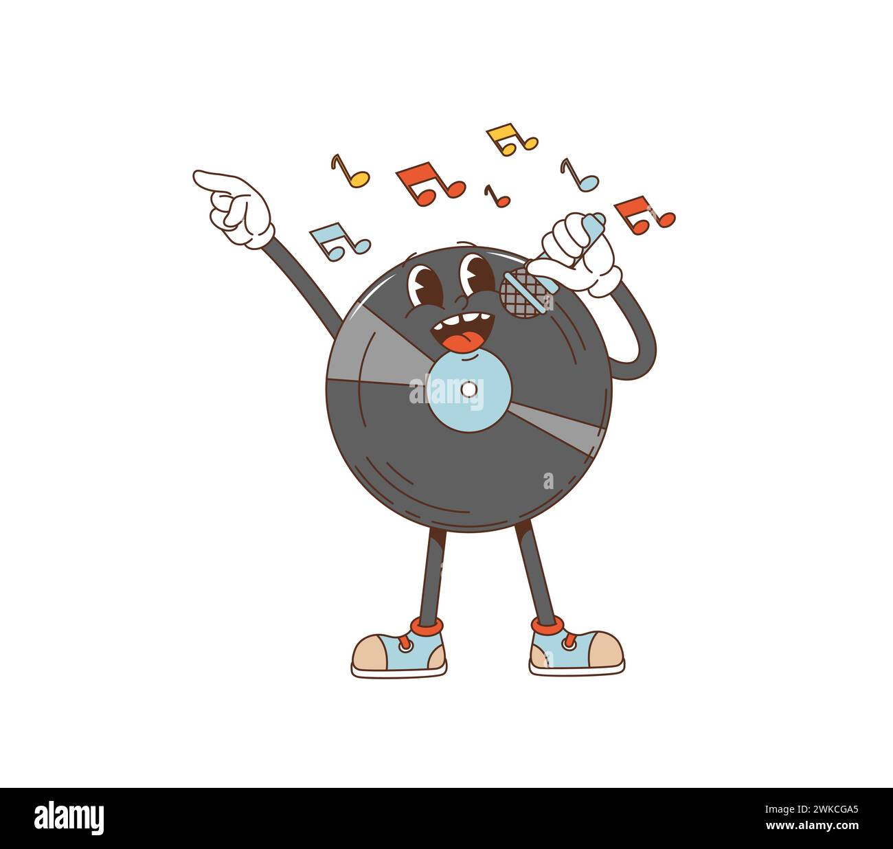Cartoon retro vinyl record groovy character sings passionately into a microphone, embodying the soulful vibe of classic music eras. Isolated vector colorful, vintage, hippie style musical personage Stock Vector