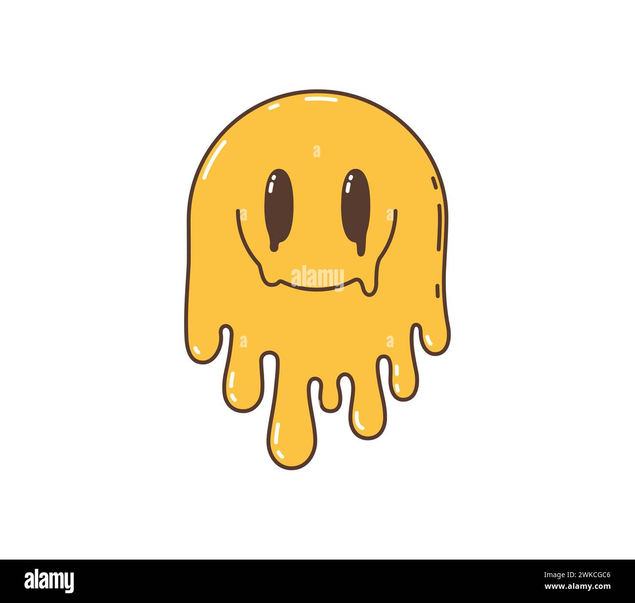 Cartoon retro groovy hippie melt smile character. Isolated vector yellow vintage dripping face emoji, melting psychedelic facial expression. Weird, trippy face, positive, surreal acid, lsd funky vibe Stock Vector