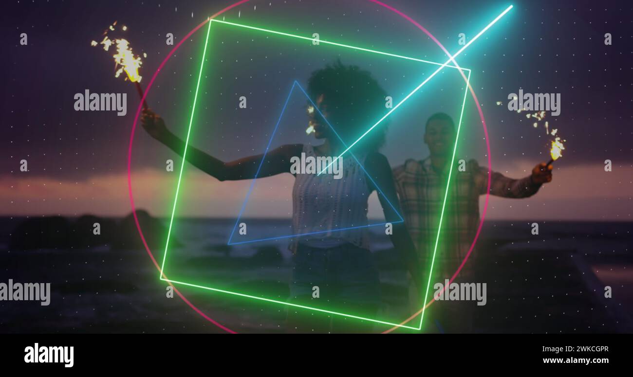 Image of neon scanner processing data over couple celebrating with ...
