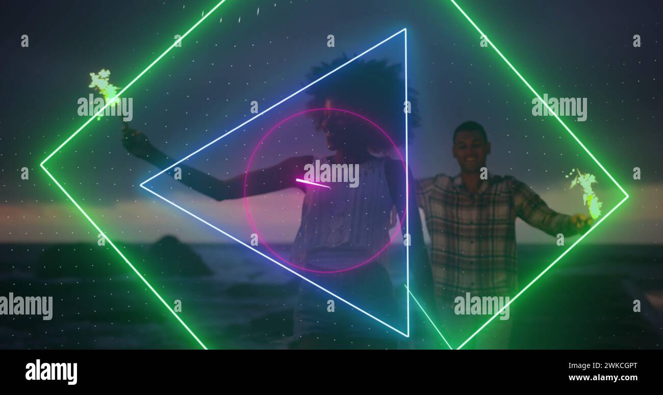 Image of neon scanner processing data over couple celebrating with ...