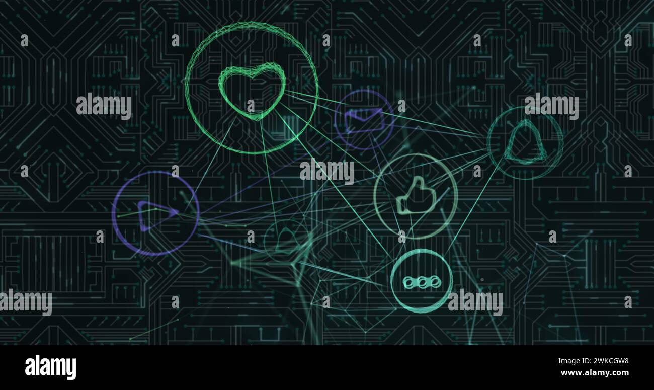 Image of connected icons over digital screen Stock Photo - Alamy
