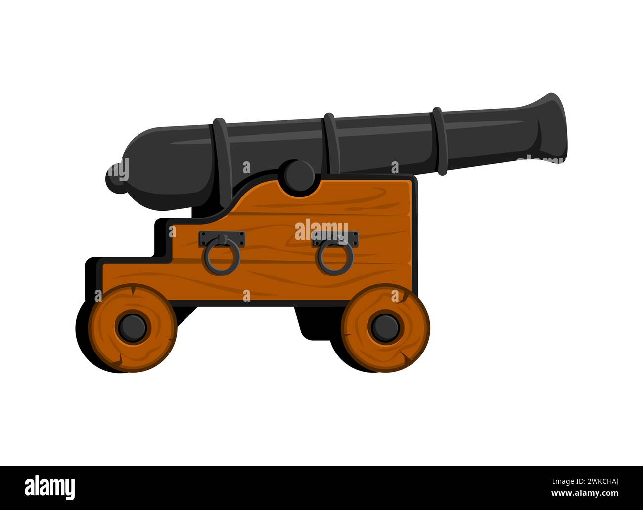 Cartoon cannon, isolated vector vintage pirate weapon of war, poised for battle. Retro, antique military artillery piece, reminiscent of medieval and corsair warfare, ready to fire its iron cannonball Stock Vector