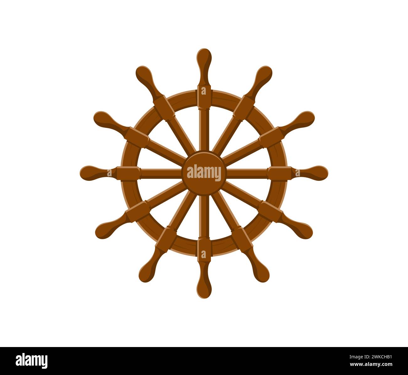 Cartoon ship steering wheel. Isolated vector wooden boat helm with polished spokes, vintage, circular nautical rudder, commands the vessel course. Game asset, maritime sailing item Stock Vector