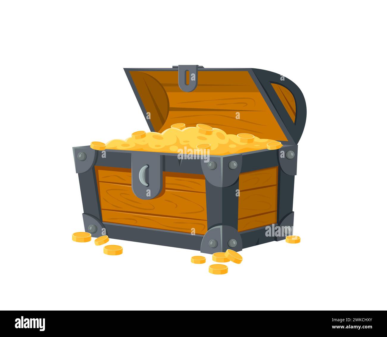 Cartoon pirate treasure chest with gold. Isolated vector old trunk or box, filled with golden coins. Antique medieval coffer, open and overflowing with wealth, game asset, loot of corsair adventures Stock Vector