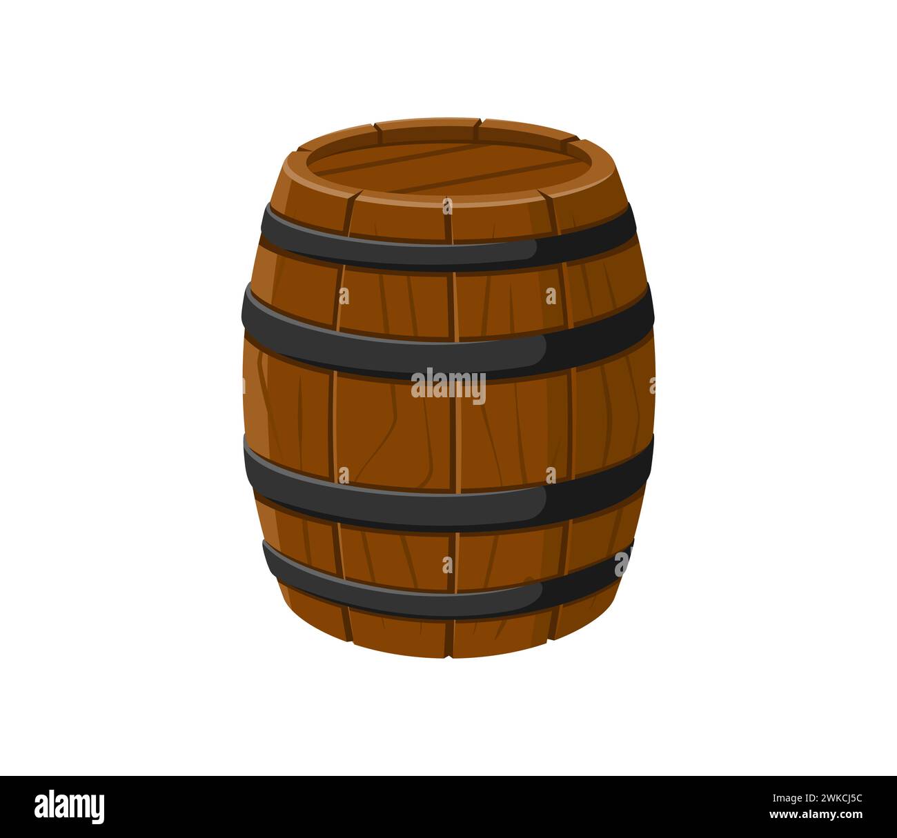 Cartoon pirate wooden barrel. Isolated vector rustic, cylindrical wooden cask, bound by metal hoops, used for storing rum, gunpowder, gold, beer, wine or provision. Game asset, pub or bar brewery item Stock Vector