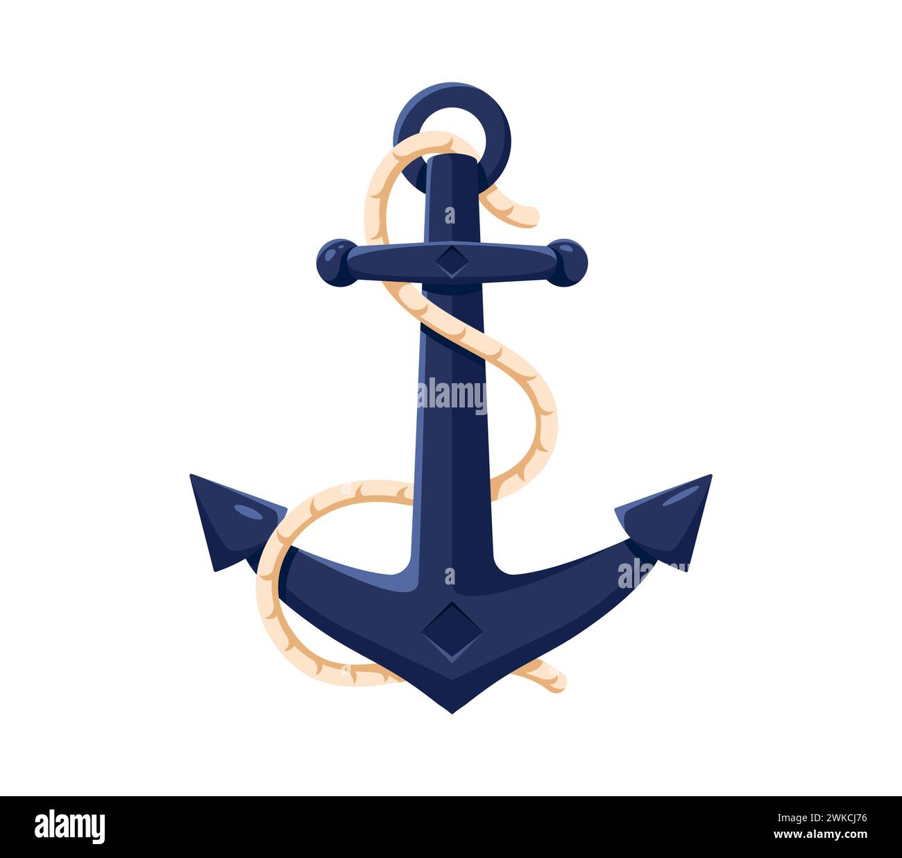 Cartoon pirate ship anchor with rope. Isolated vector formidable nautical armature, heavy corsair boat anchor, relic of the high seas. Vintage massive maritime item, naval object, adventure game asset Stock Vector