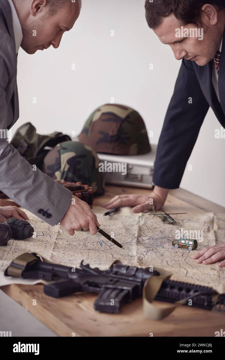 Planning, map and men soldiers in military in discussion for war ...