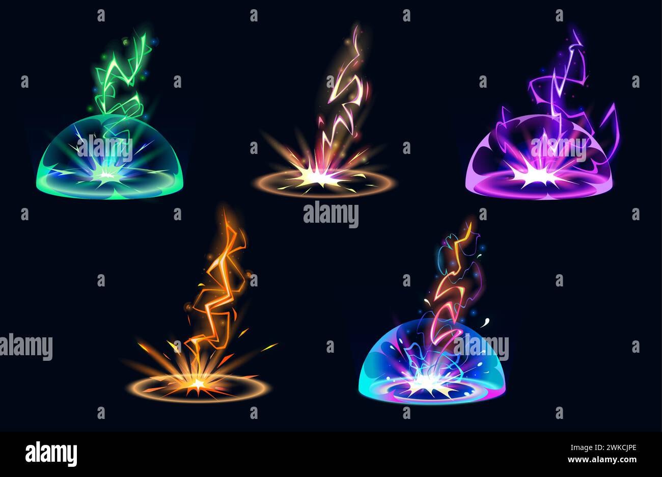 Lightning hit ground or floor with burst vfx effect, light ball and smoke clouds. Cartoon vector illustration set of colorful thunder bolt with flash and power energy splash for game ui design. Stock Vector