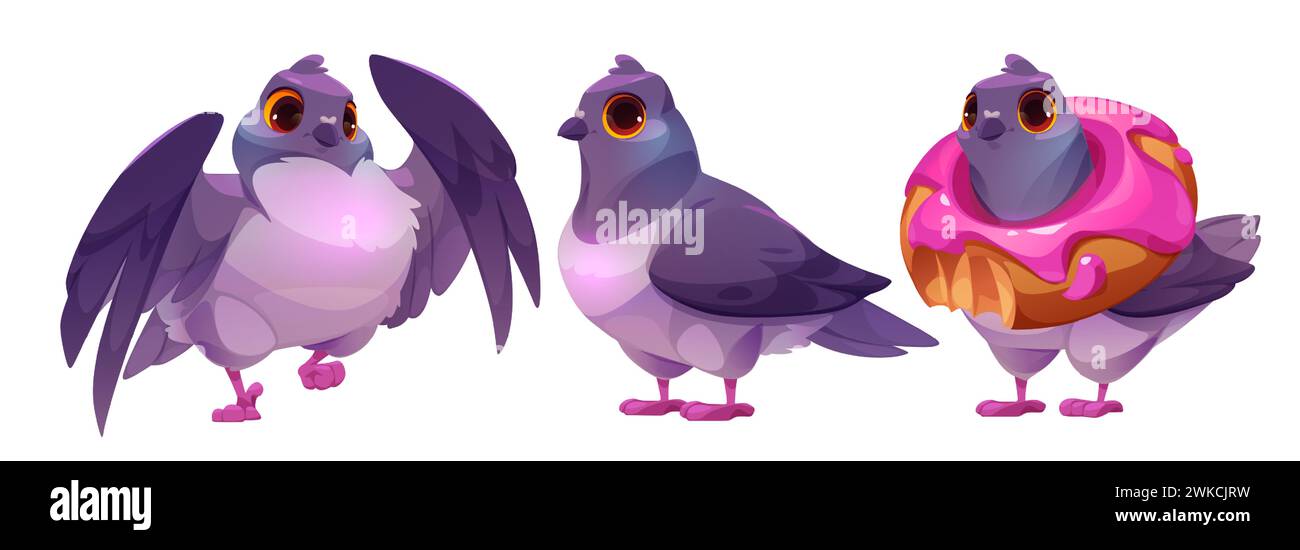 Wild pigeon cartoon character in different poses. Vector illustration set of funny blue city bird standing, waving wings and holding bitten donut piece on neck. Animal mascot with various expression. Stock Vector