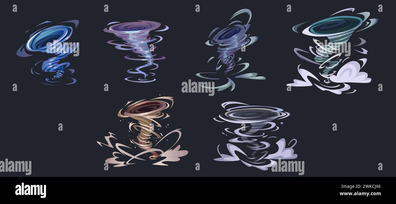 Tornado cartoon collection - various whirlwind and hurricane twister on dark background. Vector illustration set of storm funnel wind with whirl cloud, dust and water. Natural catastrophe and disaster Stock Vector