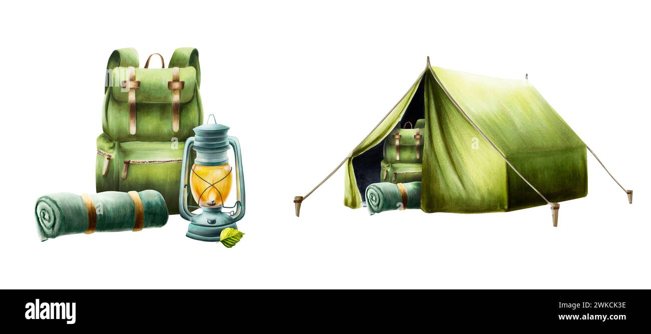 Watercolor illustrations of hiking and camping backpack, rolled up blanket and sleeping bag in green camping tent and kerosene lantern. Mountin equipm Stock Photo