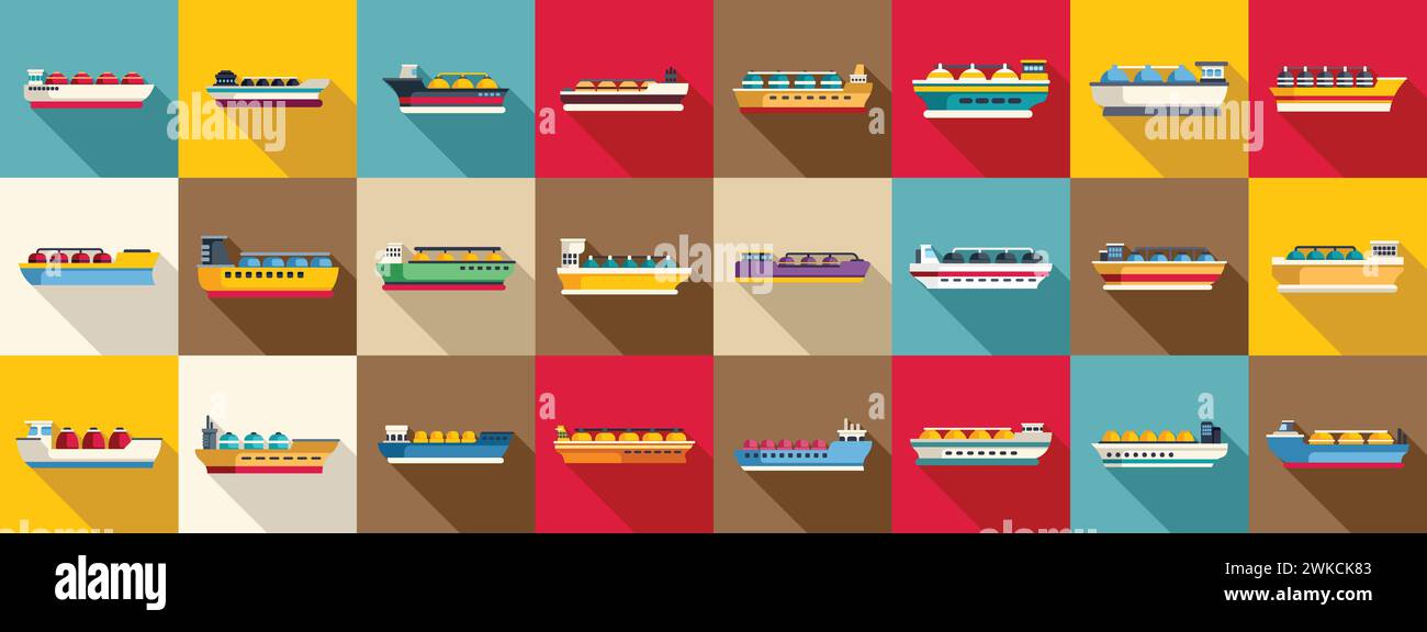 Gas carrier ship icons set flat vector. Energy terminal port. Marine ...