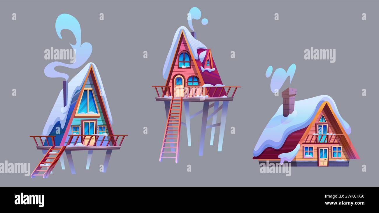 Wooden cabin with porch on pillars, roof covered with snow and chimney with smoke. Cartoon vector set of small triangular wood house for mountain or forest resort and camping. Cozy snowy chalet. Stock Vector