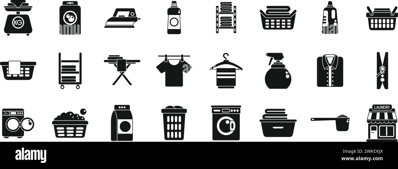 Laundry shop icons set simple vector. Cloth iron basket. Business clean machine Stock Vector