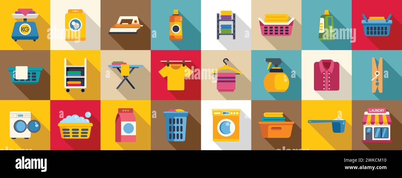 Laundry shop icons set flat vector. Cloth iron basket. Business clean machine Stock Vector