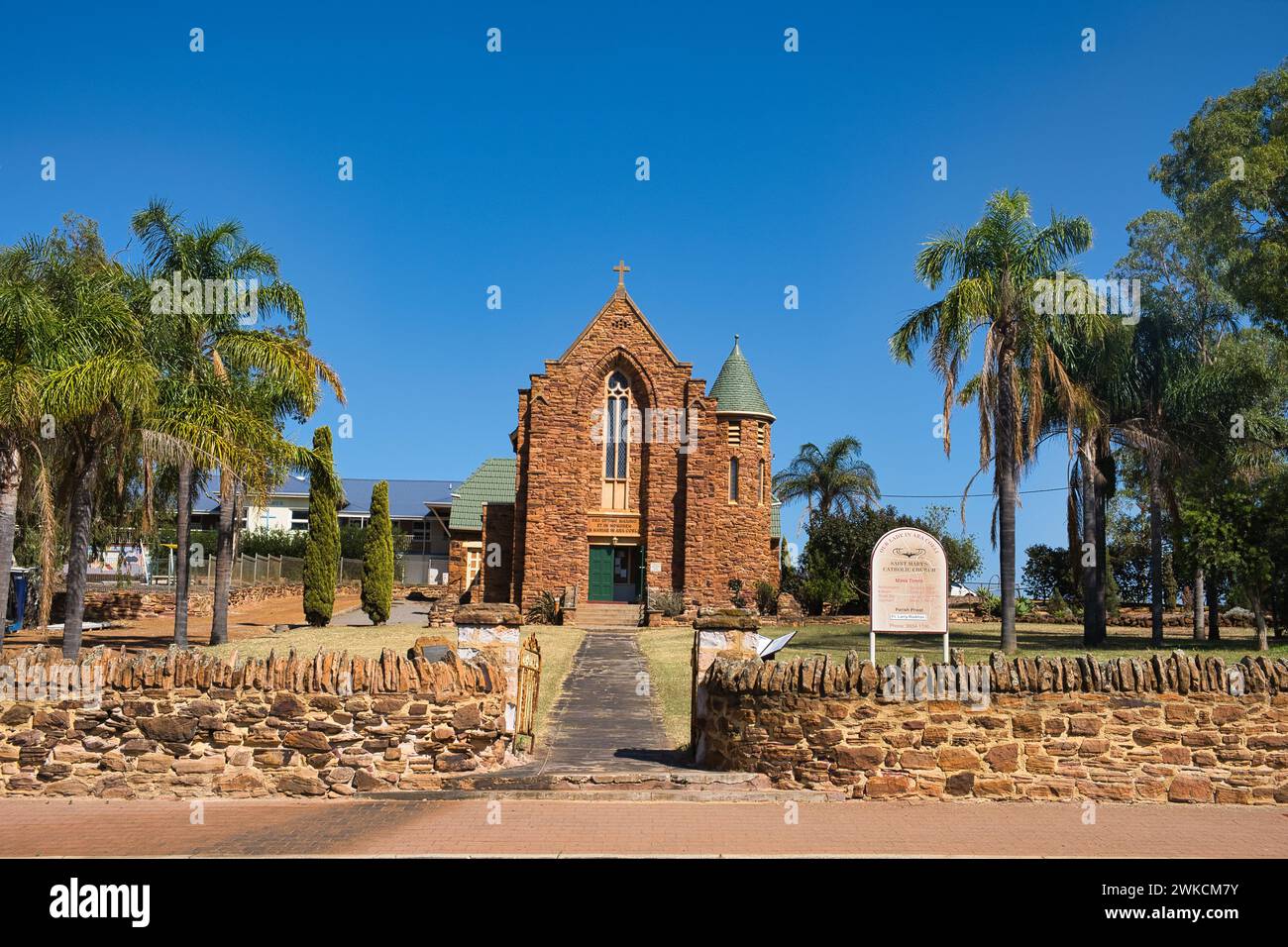 The Neo-Gothic Saint Mary’s Church (Our Lady of Ara Coeli), constructed of rough hammer-dressed red sandstone, in Northampton, Western Australia Stock Photo