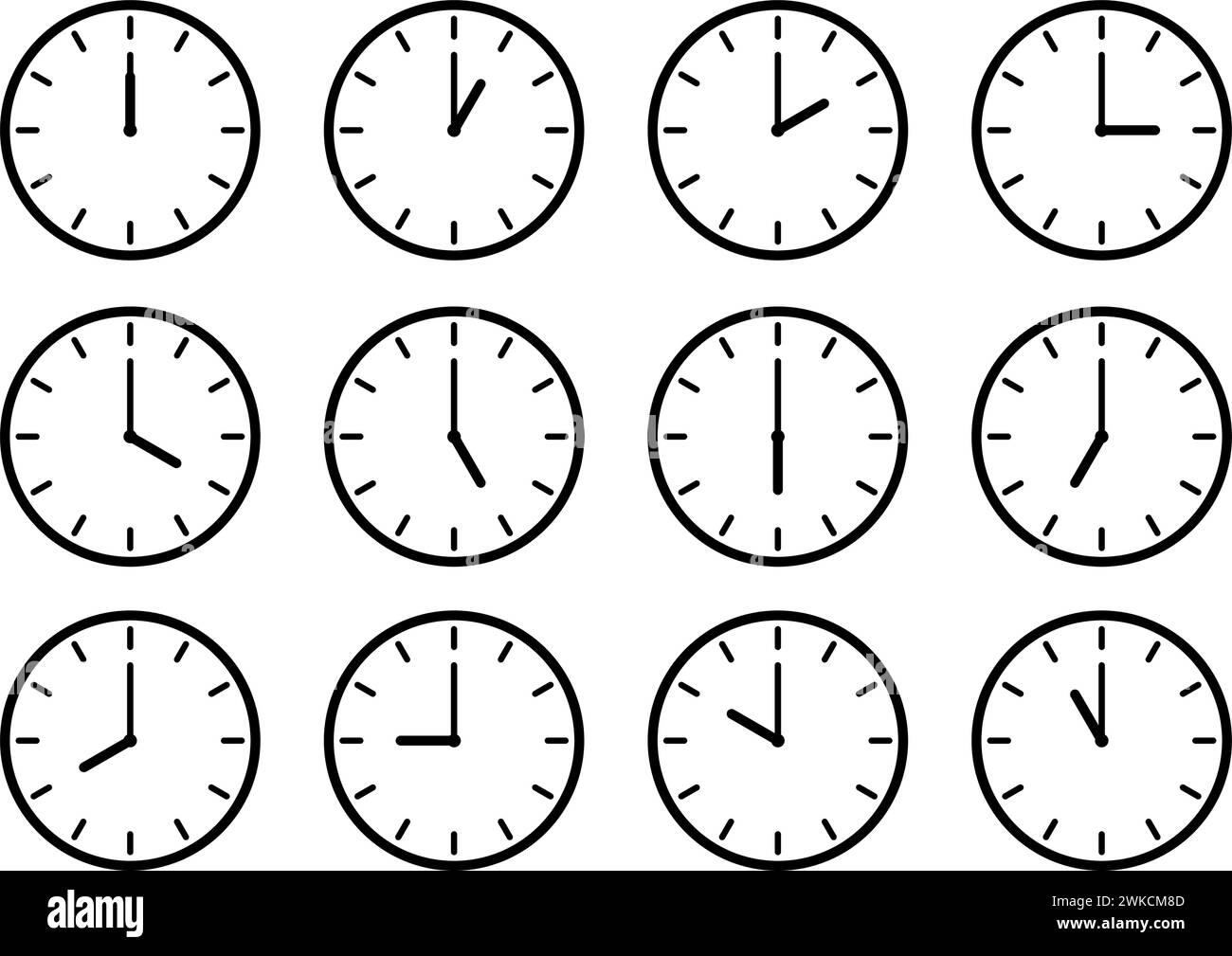 Clocks hands icon. Time sign for every hour. Stopwatch, clock faces set. Evening, morning and noon time. Simple hour icons. Vector illustration Stock Vector