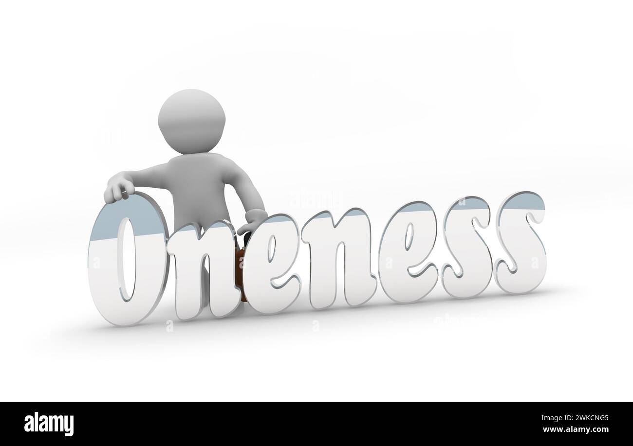 Small businessman character with the word oneness, we are all one, we are stronger together concept, 3d rendering Stock Photo