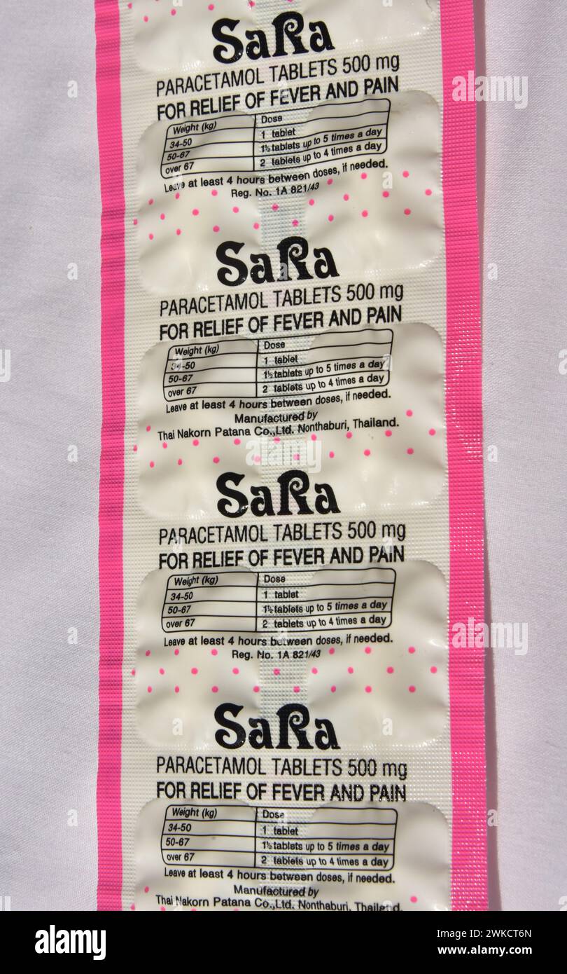 Exterior of a packet of SaRa brand 500mg Paracetamol tablets for relief of fever and pain Stock Photo