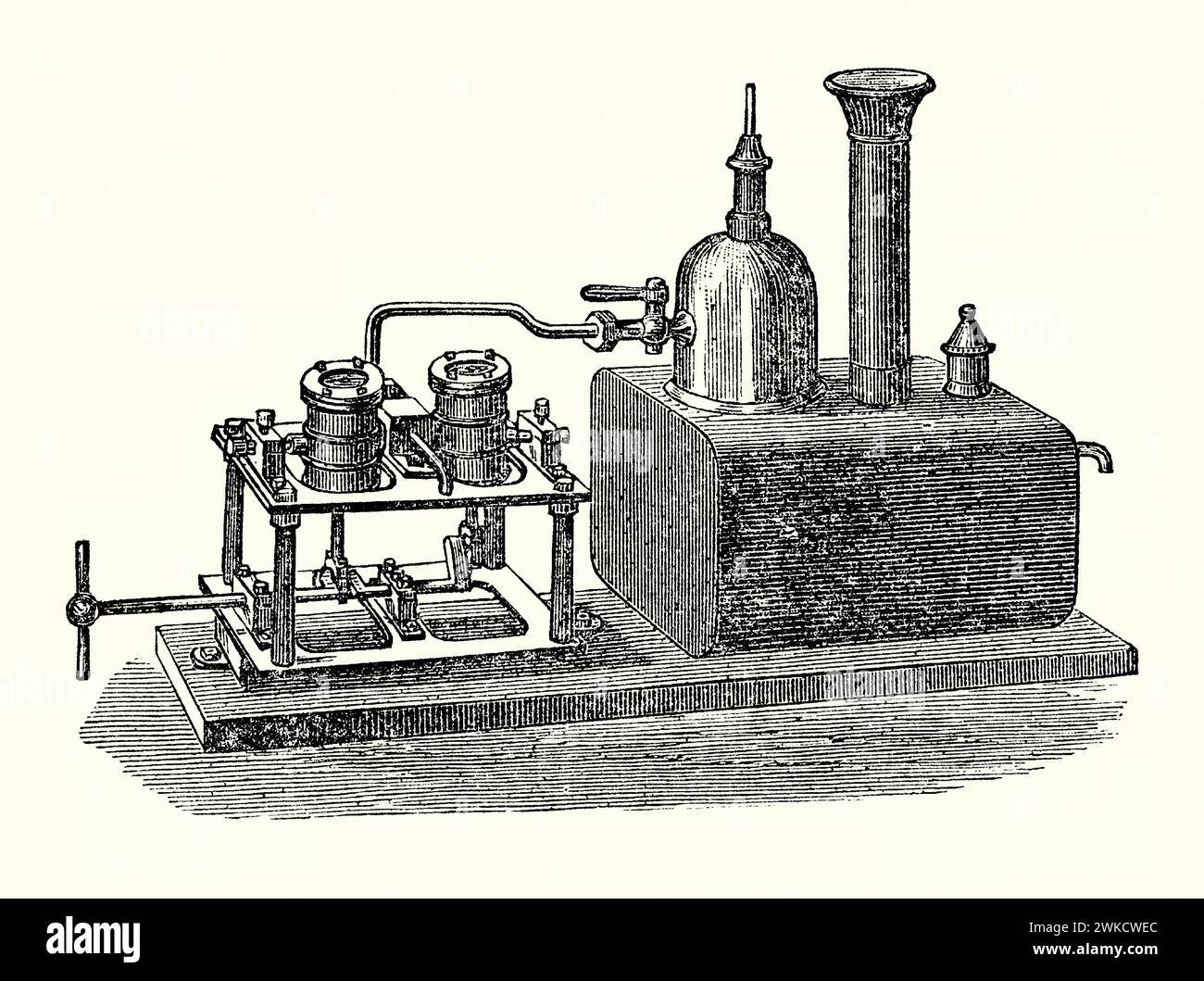 An old engraving of a marine screw engine that could be used in a model boat the 1800s. It is from Victorian book of the 1890s on sports, games and pastimes. This engine has two cylinders (left), connected to the screw shaft below. The boiler (right) would have been heated from below by a small oil lamp to create the steam power. Today compressed gas, such as butane, is often used for model steam boats. Stock Photo