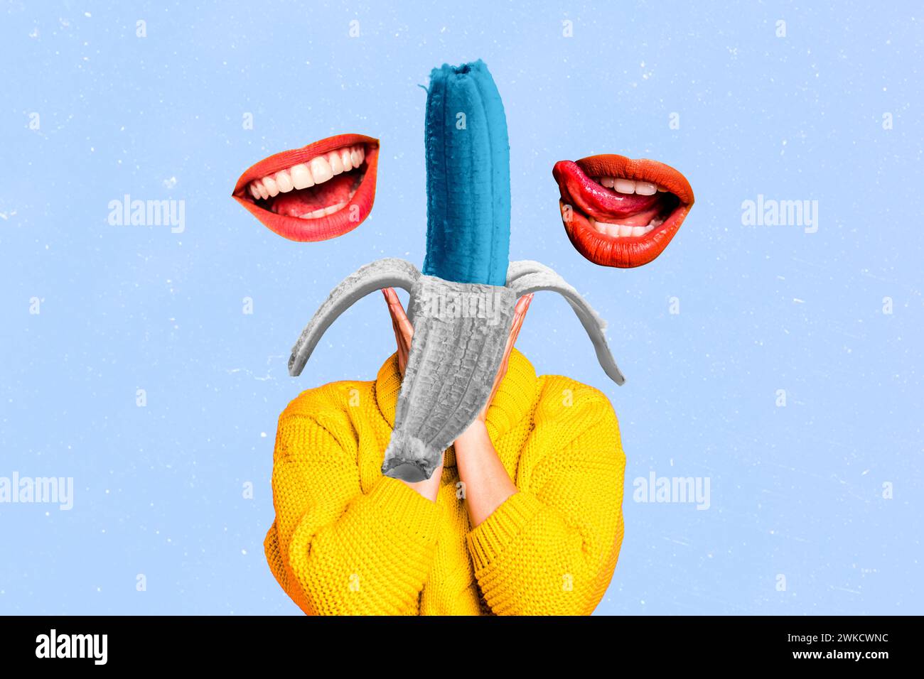 Composite image magazine sketch collage of girl yellow sweater half body hold blue ripe banana instead head lips smile teeth tongue isolated on blue Stock Photo