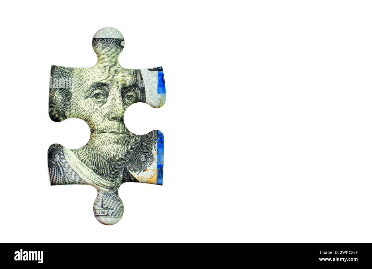 Jigsaw puzzle piece shaped opening in a white background revealing the