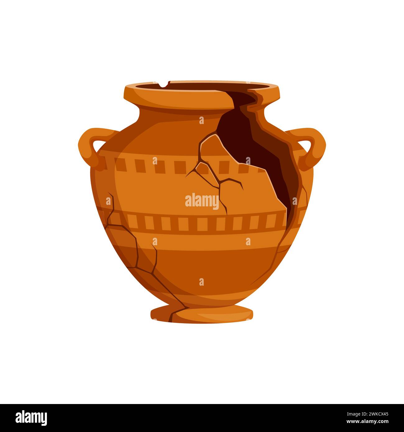 Ancient vase or broken pottery pot, antique ceramic cracked bowl with handles, isolated vector. Roman or Greek archeological earthenware with antique ornament on cracked pieces of amphora vase Stock Vector
