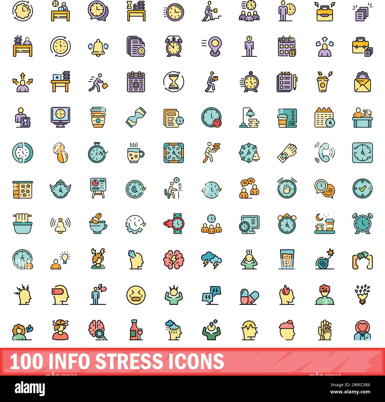 100 info stress icons set. Color line set of info stress vector icons thin line color flat on white Stock Vector