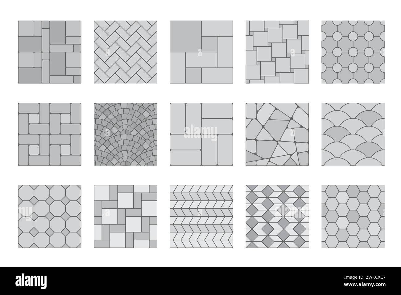 Pavement top view patterns, street grey cobblestone or garden sidewalk tiles, seamless vector. Gray stone and bricks pavement pattern of ground floor, mosaic backgrounds with geometric cubic texture Stock Vector