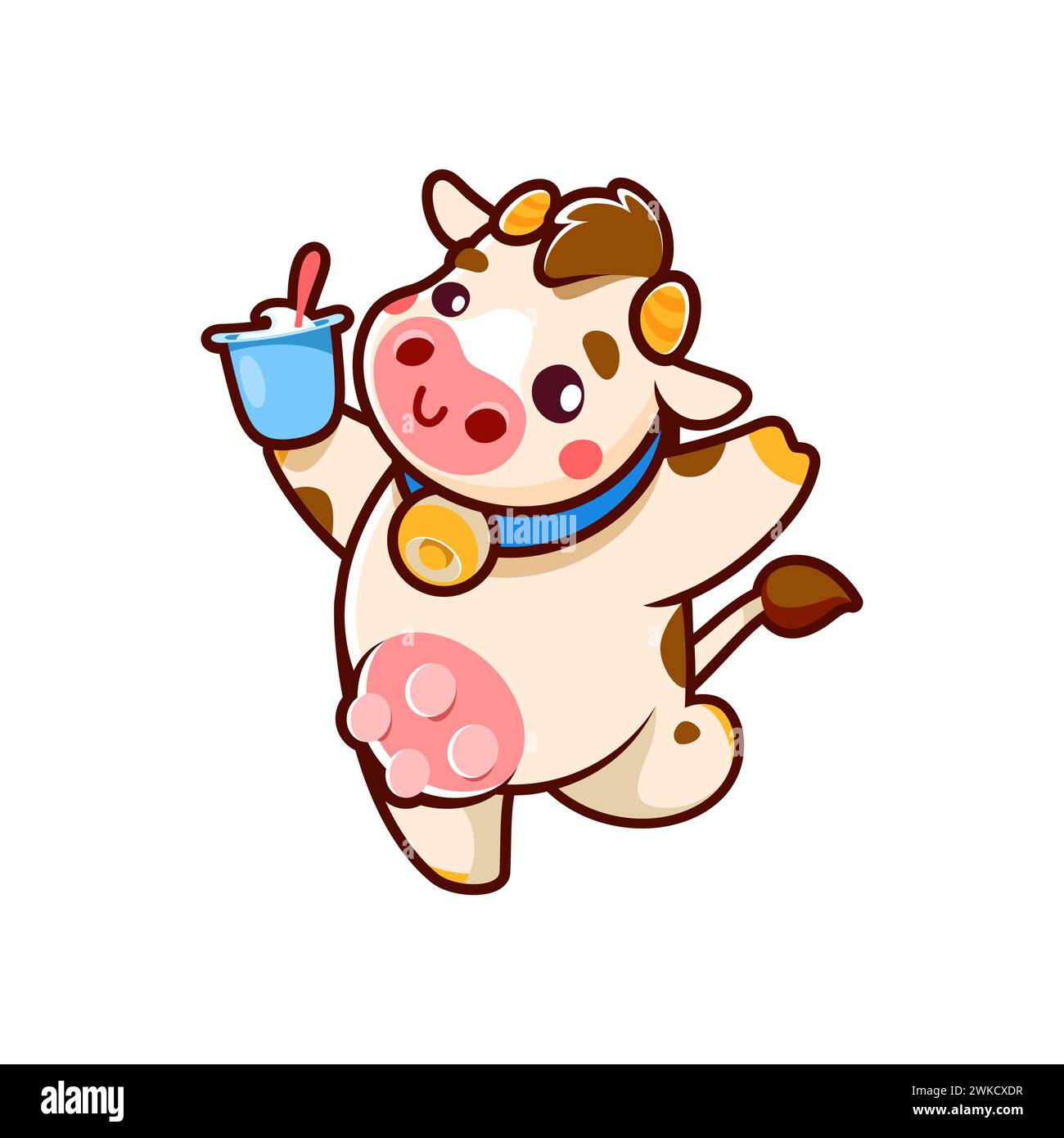 Happy cow cartoon character dancing with yoghurt. Cattle animal cute