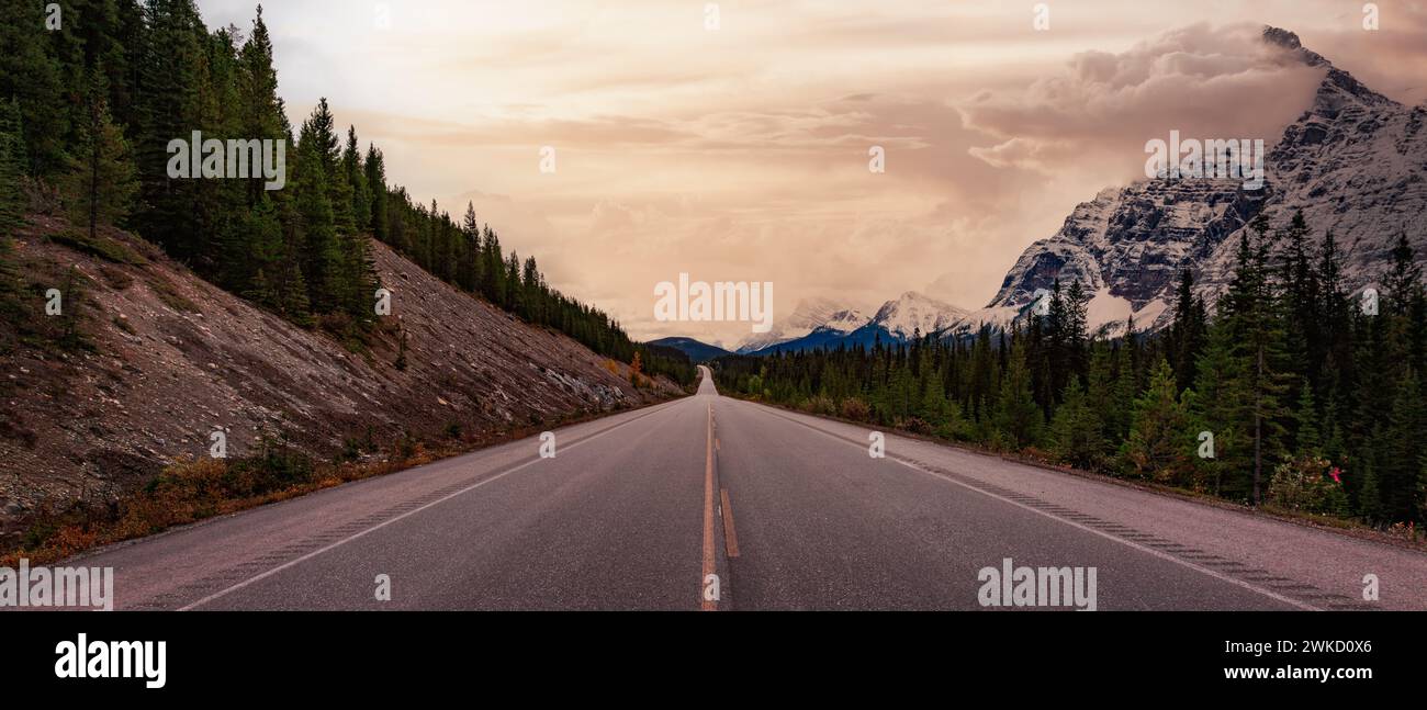 A scenic Road in Canadian Rocky Mountain Landscape. Stock Photo