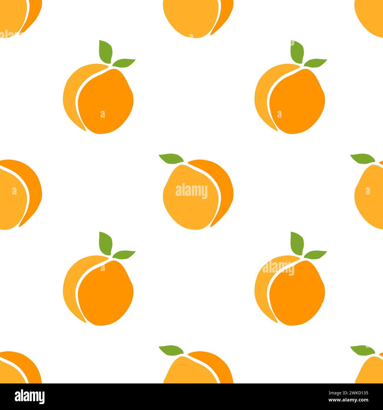 Repeating pattern of stylized oranges or peach with green leaves adorns white background, creating fresh and vibrant design that is reminiscent of hea Stock Vector