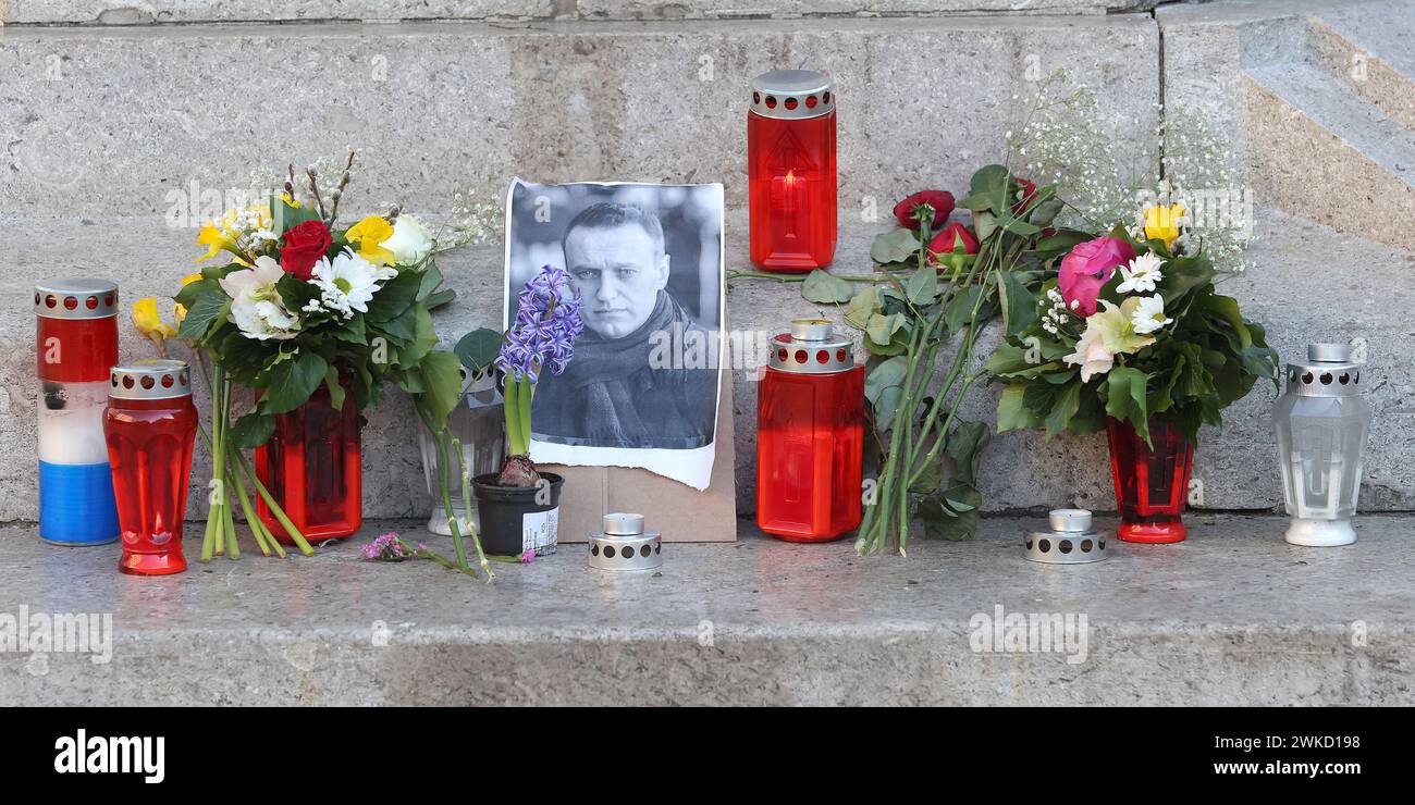 Zagreb, Croatia. 20th Feb, 2024. Flowers, candles and picture of Alexei Navalny are seen at Petar Preradovic Square in Zagreb, Croatia on February 20, 2024. following the death of the opposition leader in a prison in Russia. Photo: Patrik Macek/PIXSELL Credit: Pixsell/Alamy Live News Stock Photo