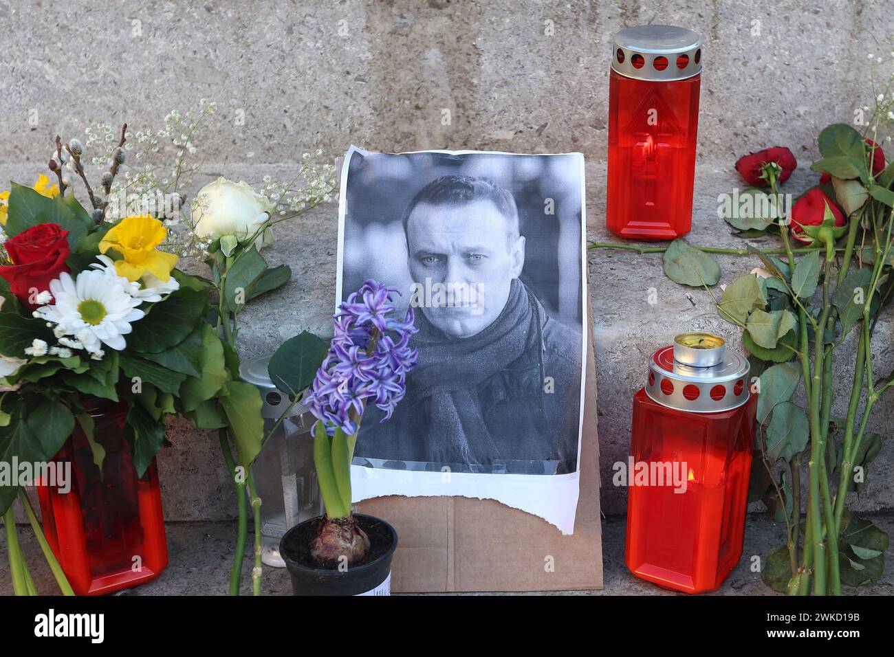 Zagreb, Croatia. 20th Feb, 2024. Flowers, candles and picture of Alexei Navalny are seen at Petar Preradovic Square in Zagreb, Croatia on February 20, 2024. following the death of the opposition leader in a prison in Russia. Photo: Patrik Macek/PIXSELL Credit: Pixsell/Alamy Live News Stock Photo