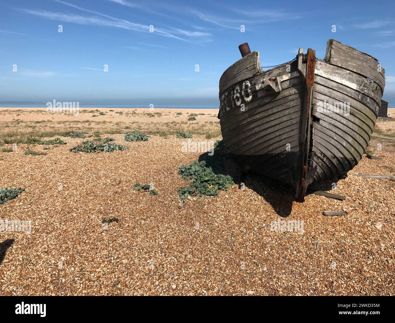 Beached boat in Dungeness, Kent, England. Stock Photo