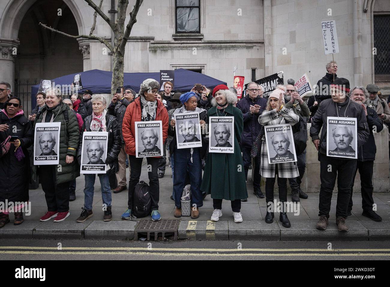London, UK. 20th February 2024. Supporters gather for the two-day Julian Assange hearing at the Royal Courts of Justice which will finally weigh up whether the WikiLeaks founder can be granted leave to appeal against the 2022 decision of extradition to the US where he could face life in prison if convicted of spying charges. Credit: Guy Corbishley/Alamy Live News Stock Photo