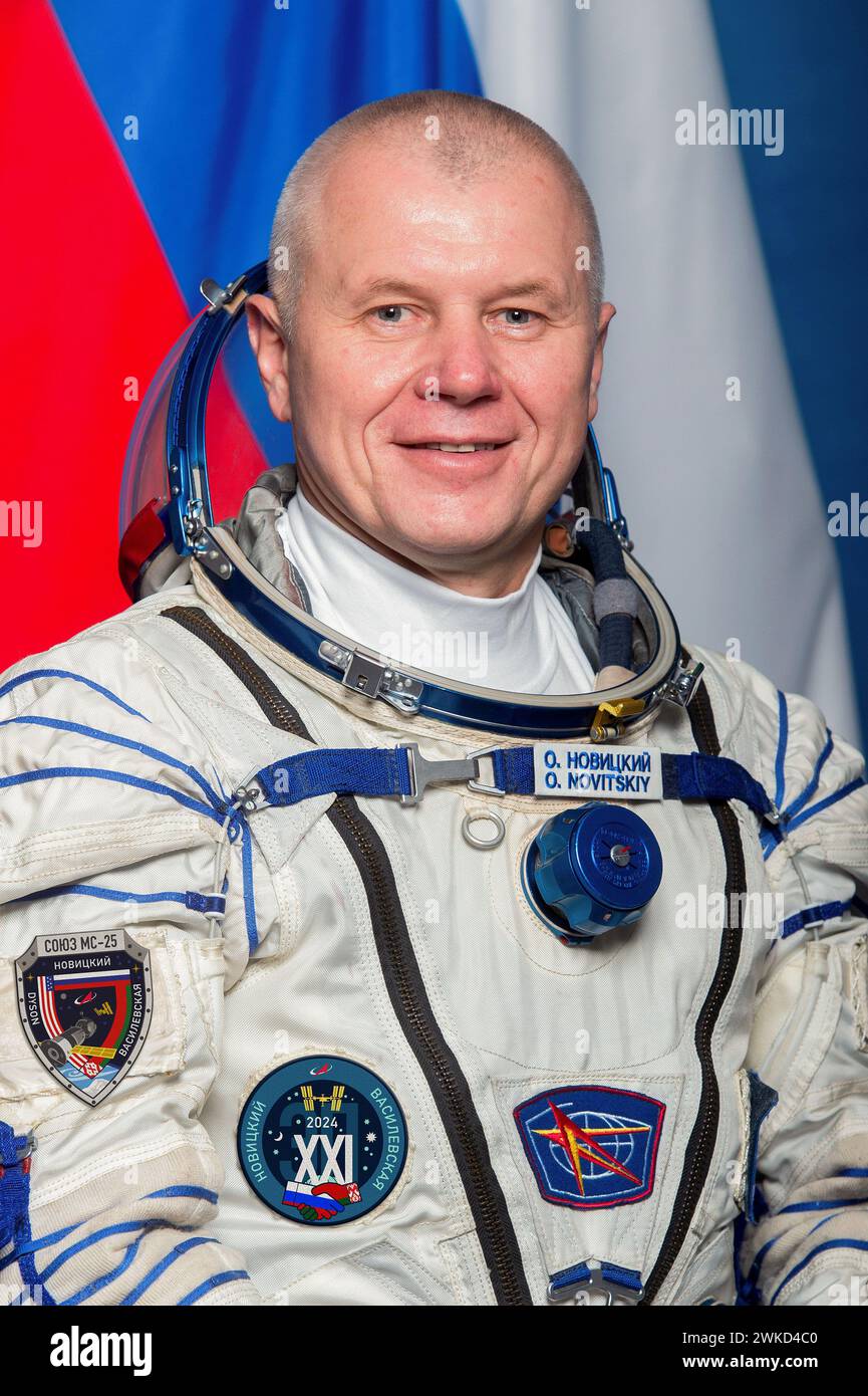 Soyuz MS-25 Prime Crew Sokol Suit Portrait - Oleg Novitskiy.  Photographer:  Andrey Shelepin Stock Photo