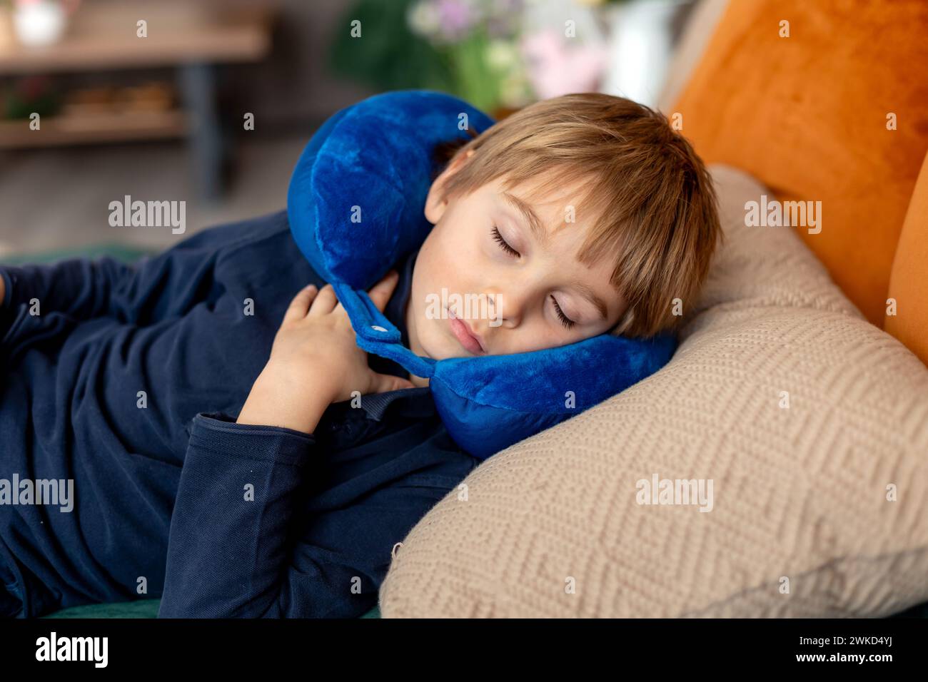 Cute blond child, boy, sleeping at home in the afternoon after school with neck pillow, relaxing Stock Photo