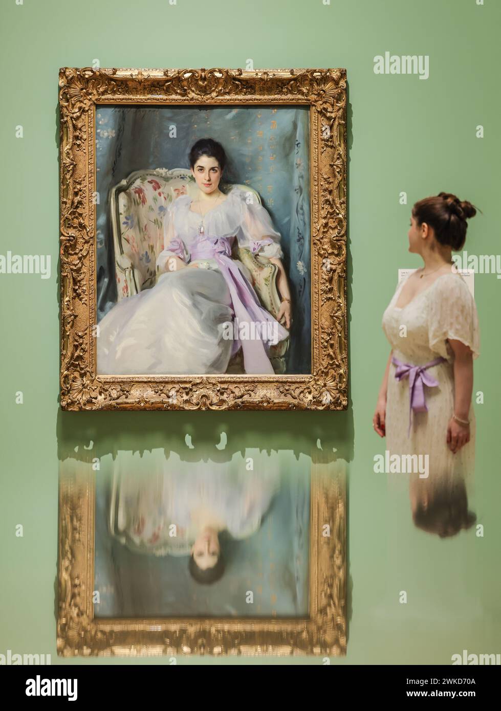 Tate Britain, London, UK. 20th Feb, 2024. Molly Agnew Right, descendant of the sitter in the painting, Lady Agnew of Lochnaw(Gertrude Vernon) 1892 oil on canvas, 22 Feb - 7 July  24  Credit: Paul Quezada-Neiman/Alamy Live News Stock Photo