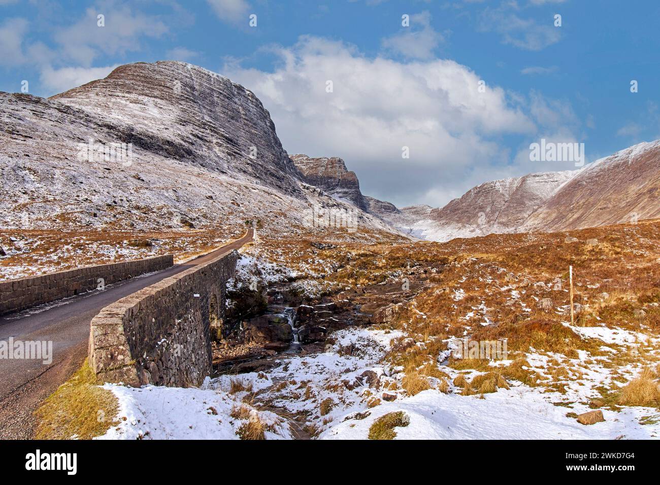 Applecross peninsular Scotland Bealach na Bà the long straight road in winter leading up to the mountains Stock Photo